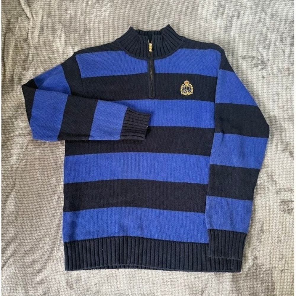 Lauren Ralph Lauren Striped Quarter‎ Zip Sweater Blue Navy Crest Mock P Pullover